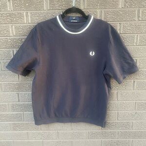 Fred Perry Navy Short-Sleeve Sweatshirt with White Collar Trim